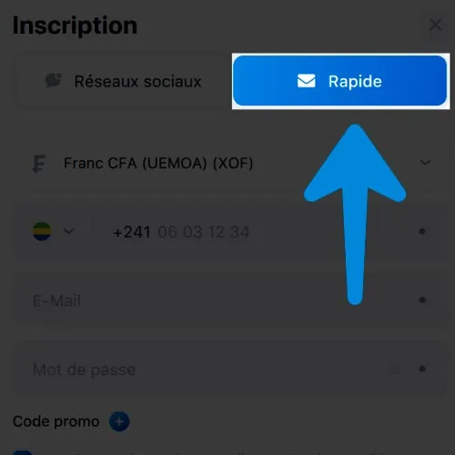 Sélectionnez l'option d'inscription par e-mail sur 1Win.