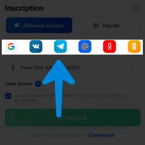 Entrez les données de votre réseau social (login et mot de passe) pour vous inscrire sur 1Win.