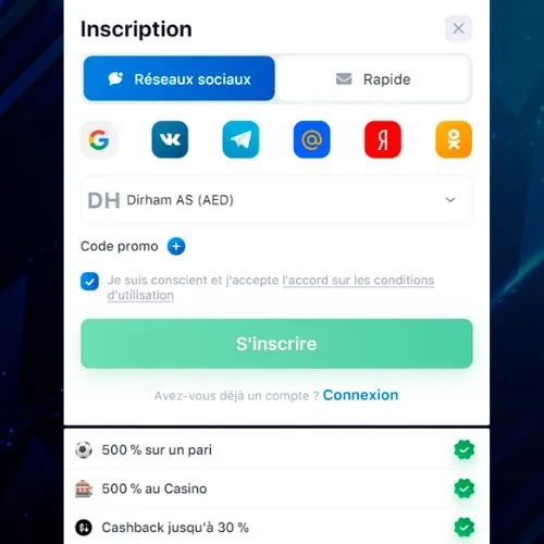 Fenêtre d’inscription pour un nouveau compte sur 1win